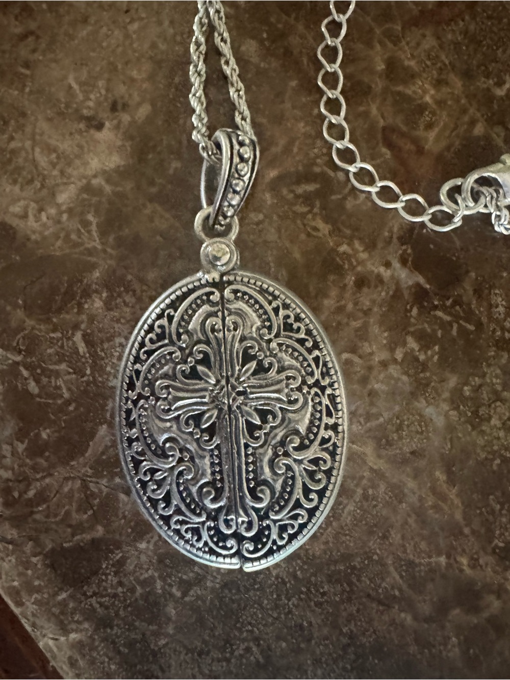 Vintage Silver-Tone Filigree Cross Locket Necklace